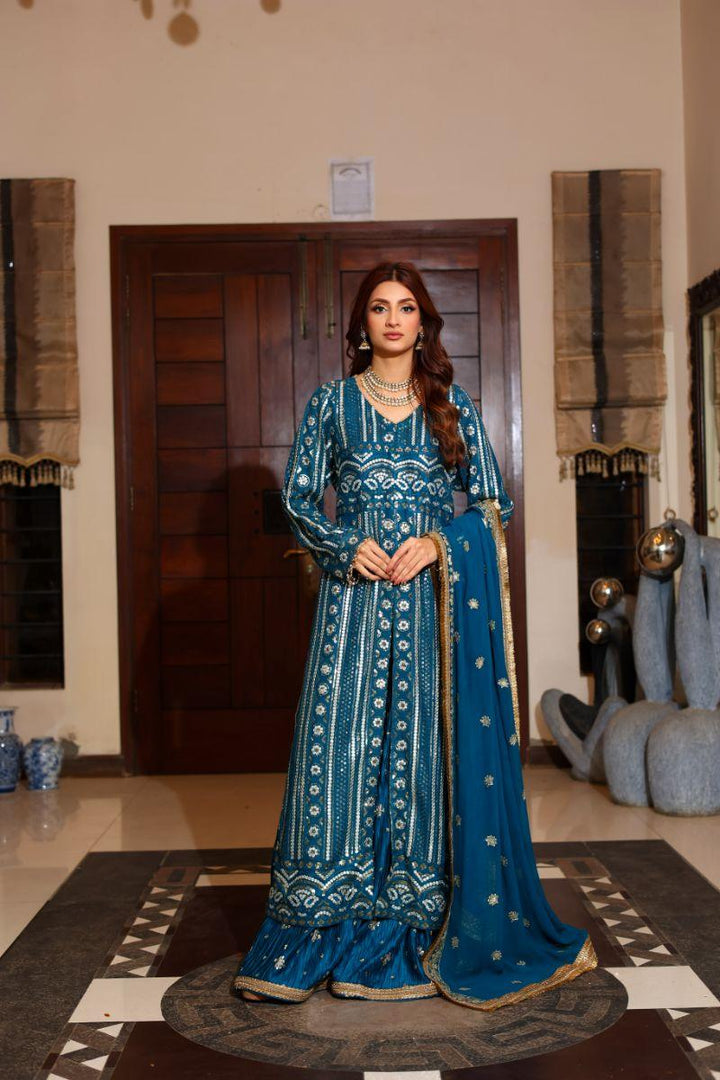 Huma Adnan - Nargis - Chiffon - Teal Blue - 3 Piece