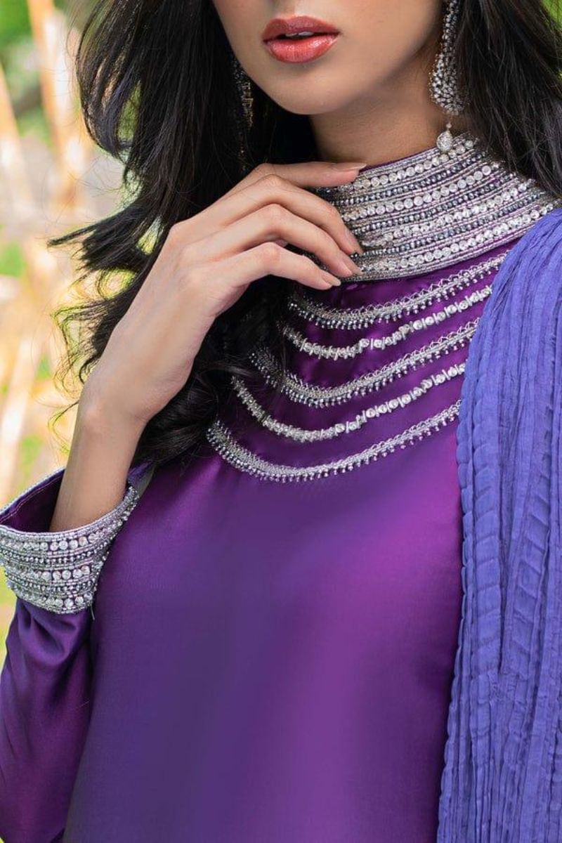 Natasha Kamal - Violet Charmeuse Silk Shirt with Raw Silk Pants and Silk Dupatta - 3 Pieces