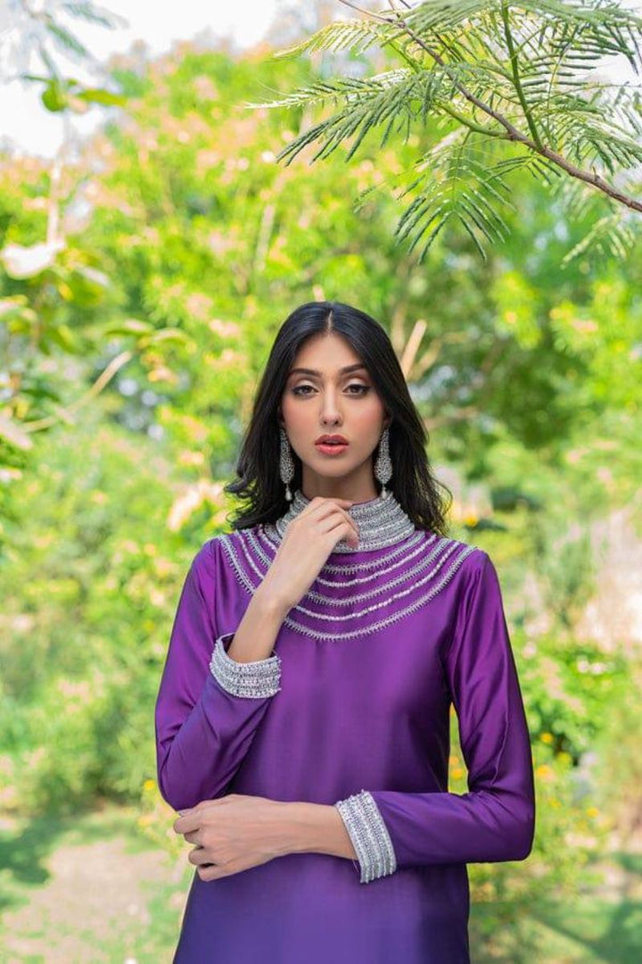 Natasha Kamal - Violet Charmeuse Silk Shirt with Raw Silk Pants and Silk Dupatta - 3 Pieces