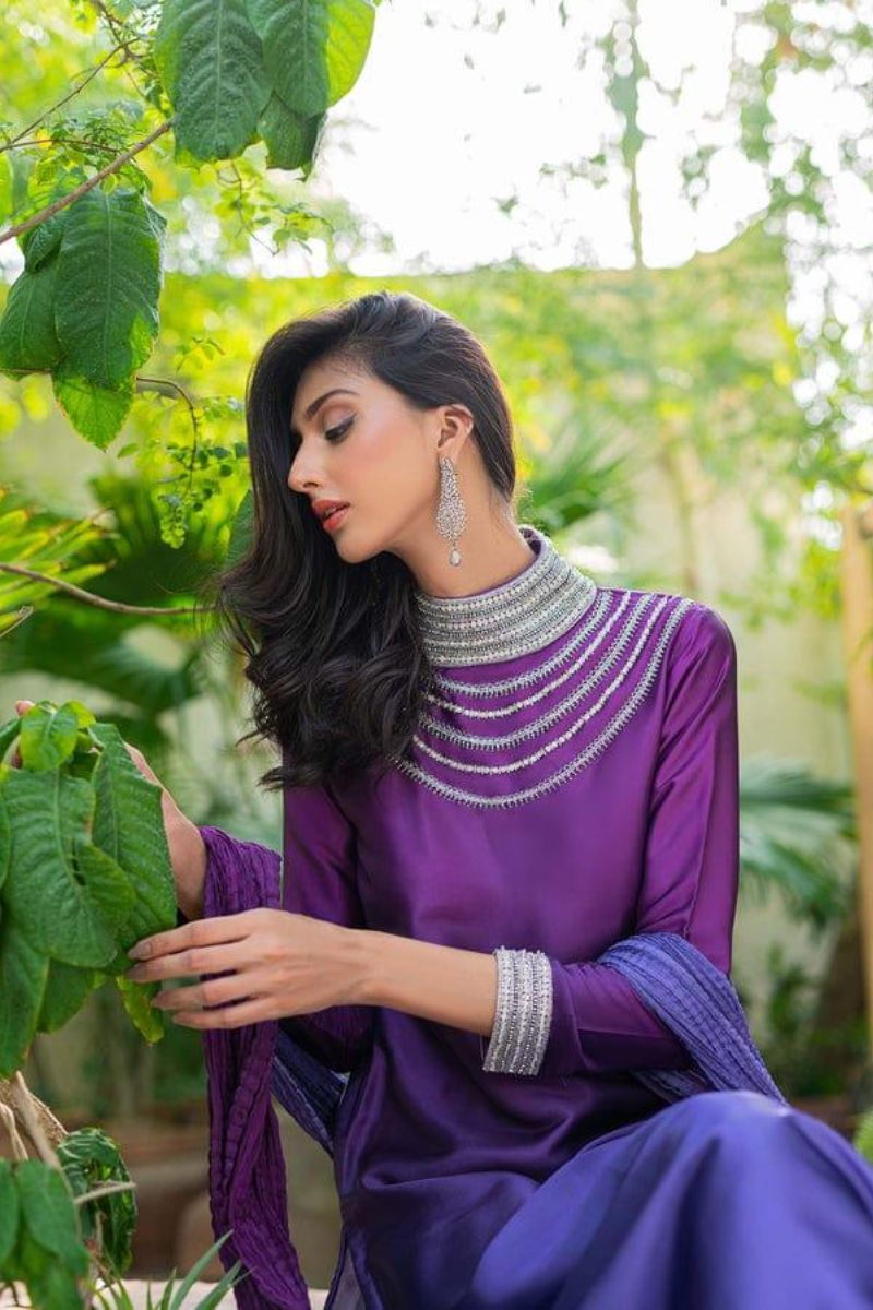 Natasha Kamal - Violet Charmeuse Silk Shirt with Raw Silk Pants and Silk Dupatta - 3 Pieces