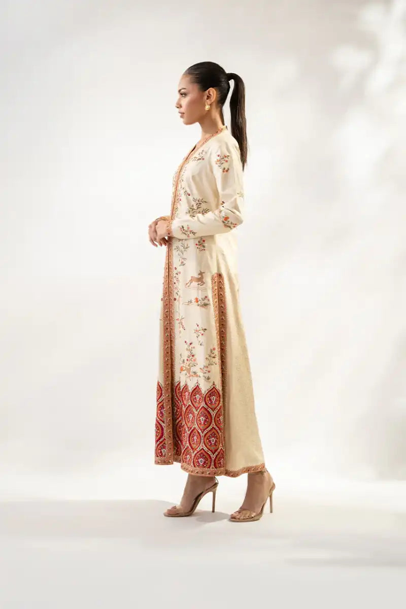 Sania Maskatiya - Nami - Self Jamawar & Rawsilk - Ivory - Jacket & Trousers - 2 Piece