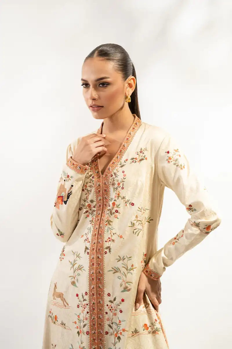 Sania Maskatiya - Nami - Self Jamawar & Rawsilk - Ivory - Jacket & Trousers - 2 Piece