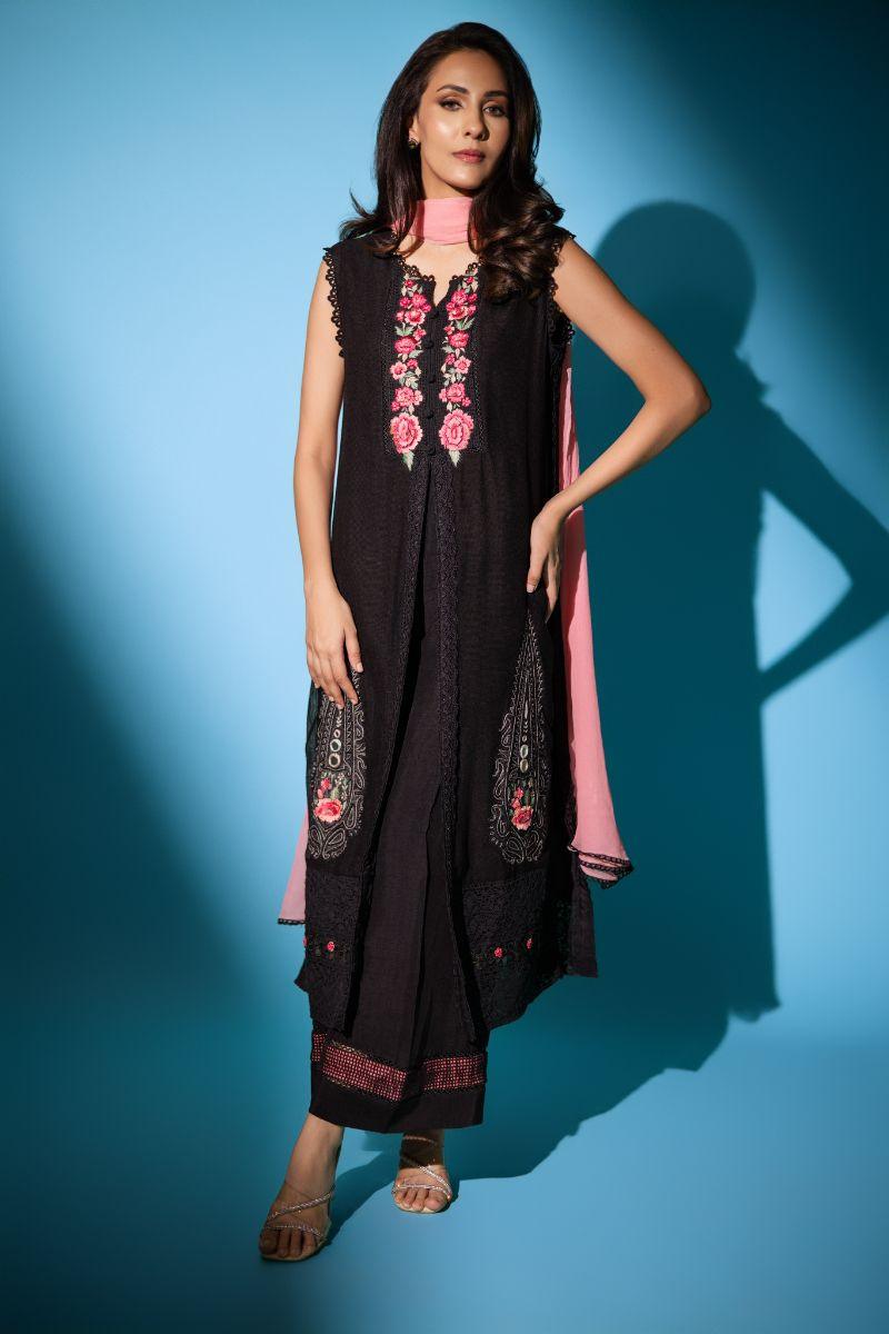 Insia Sohail - Night garden - Black - 3 Piece - cotton net