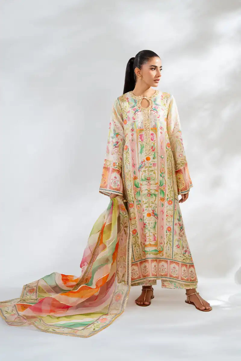 Sania Maskatiya - Nuri (A) - Khadi Silk, PureRawSilk & Organza - Egg Shell - Shirt, Dupatta & Culottes - 3 Piece