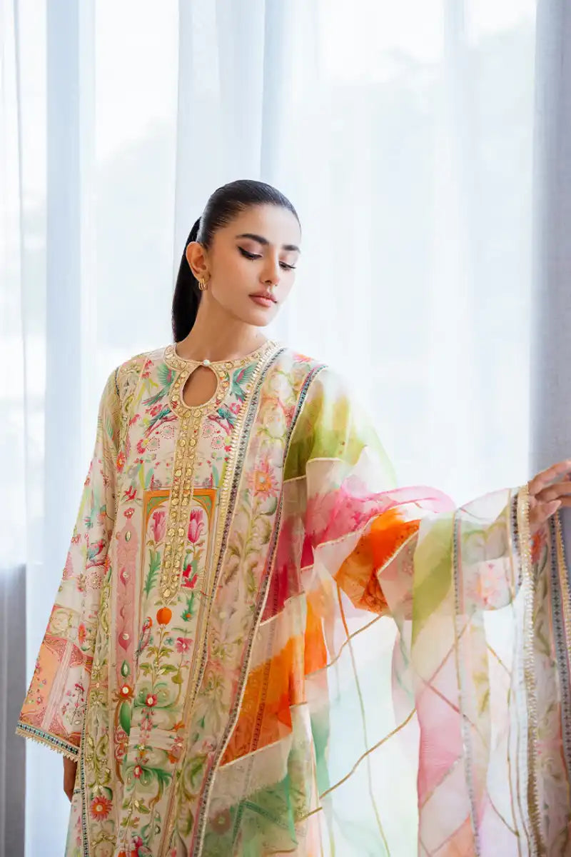 Sania Maskatiya - Nuri (A) - Khadi Silk, PureRawSilk & Organza - Egg Shell - Shirt, Dupatta & Culottes - 3 Piece