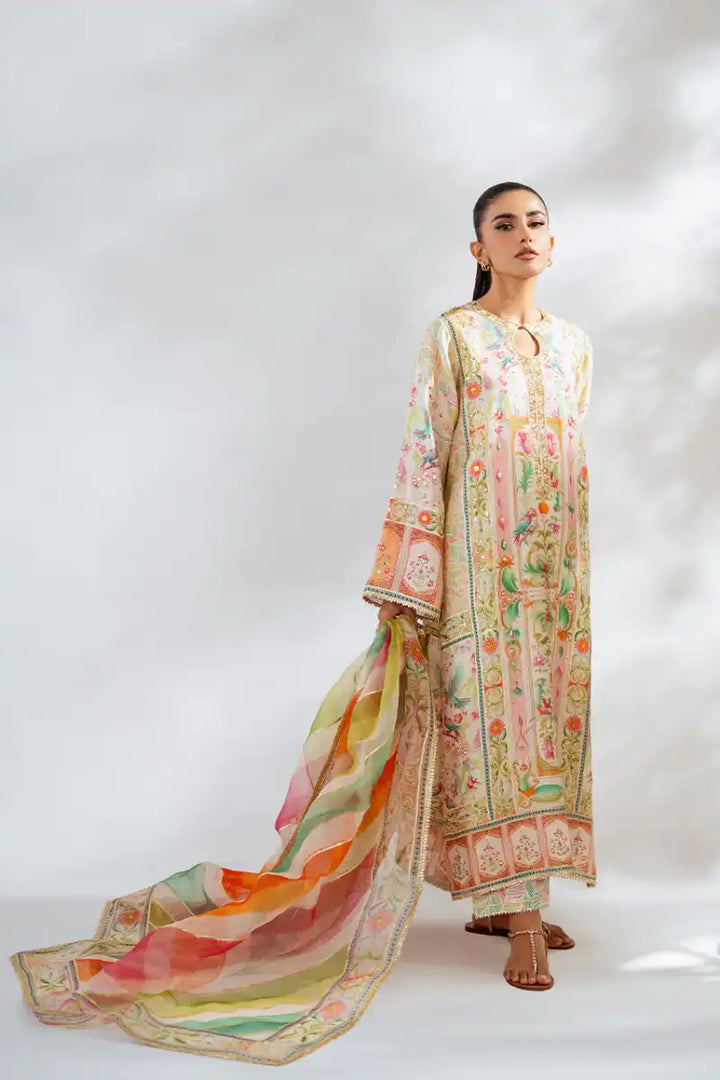 Sania Maskatiya - Nuri (A) - Khadi Silk, PureRawSilk & Organza - Egg Shell - Shirt, Dupatta & Culottes - 3 Piece