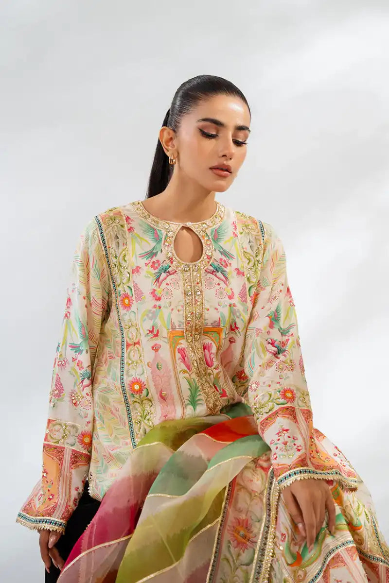 Sania Maskatiya - Nuri (A) - Khadi Silk, PureRawSilk & Organza - Egg Shell - Shirt, Dupatta & Culottes - 3 Piece