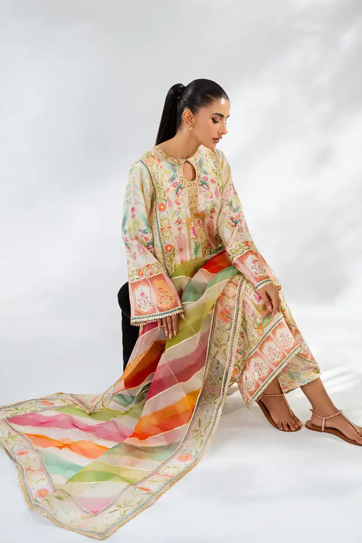 Sania Maskatiya - Nuri (A) - Khadi Silk, PureRawSilk & Organza - Egg Shell - Shirt, Dupatta & Culottes - 3 Piece