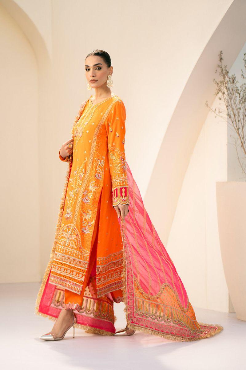 Fozia Khalid - Ayika - Orange & Pink - Korean Silk - 3 Piece