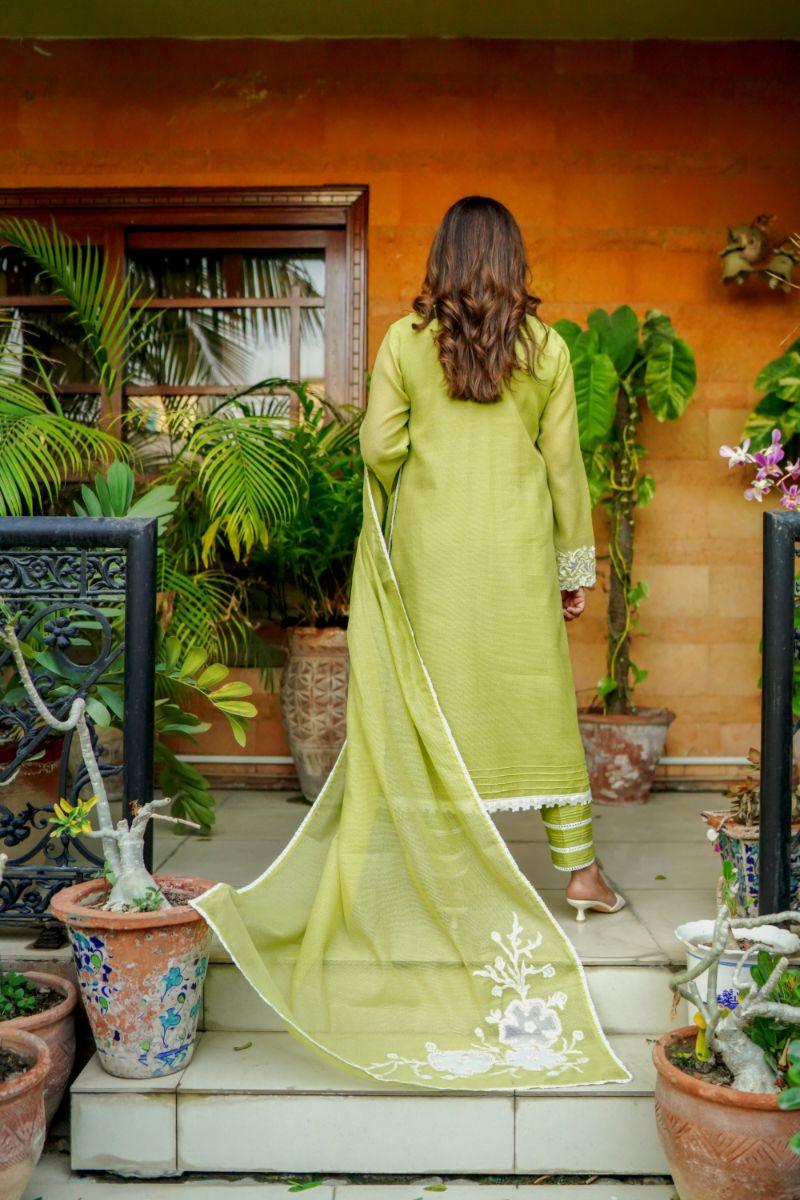 Khayal by Shaista Hasan - Lime luster - Silk - 3 Piece