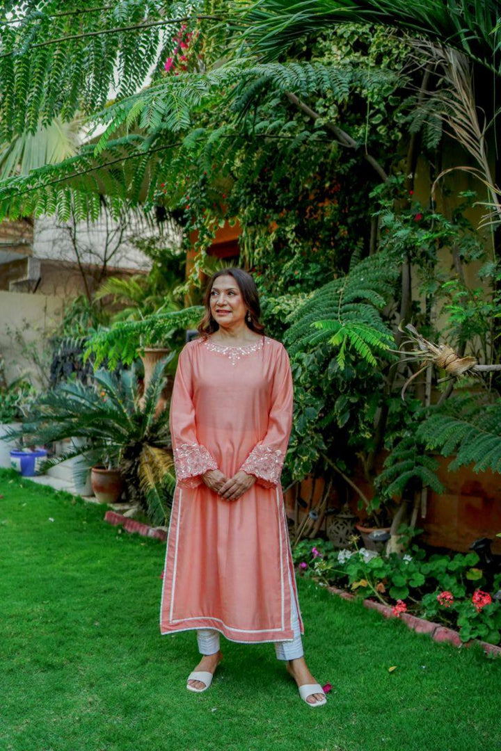 Khayal by Shaista Hasan - Peachy gleam - Cotton Silk - 3 Piece