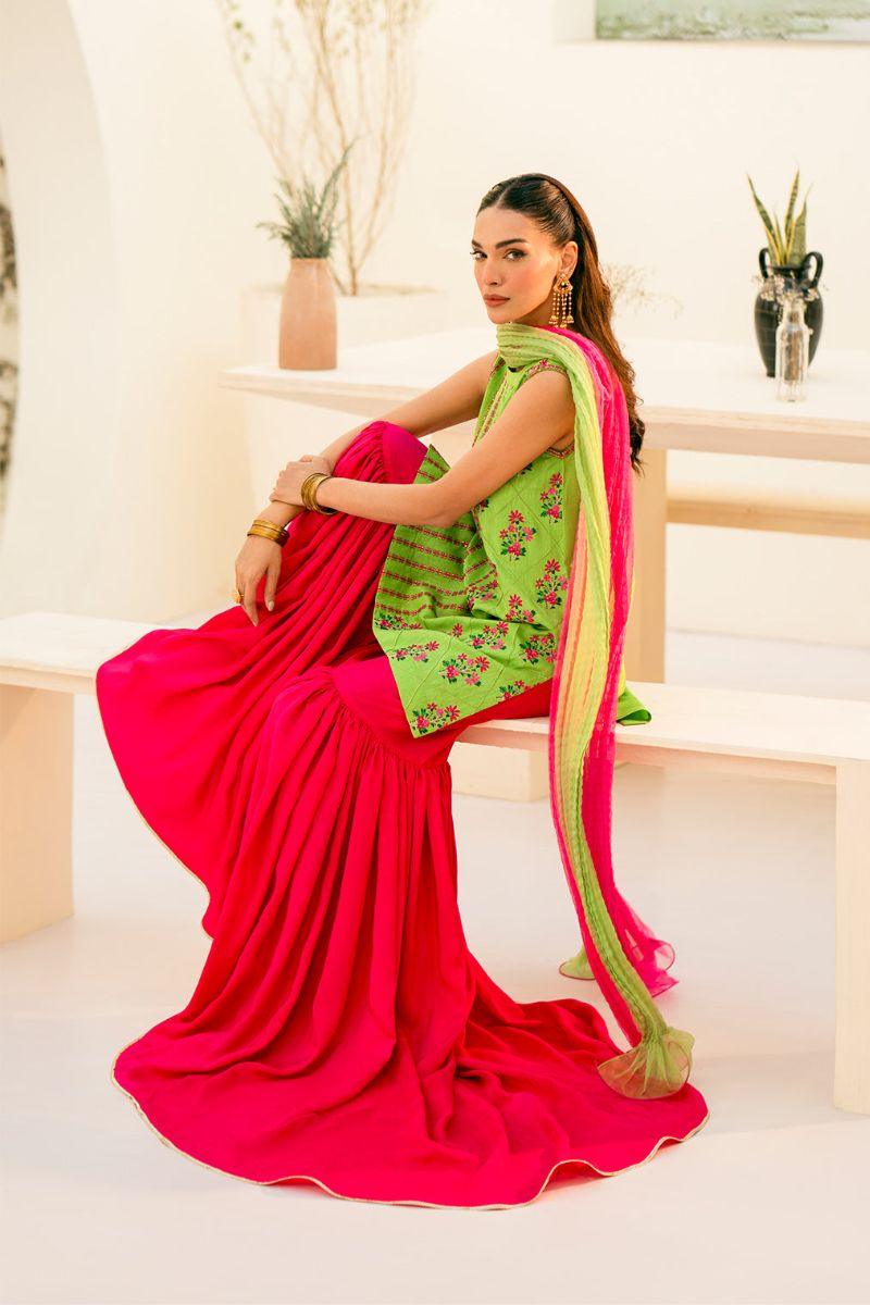 Fozia Khalid - Soraya - Parrot Green & Pink - Silk - 3 Piece