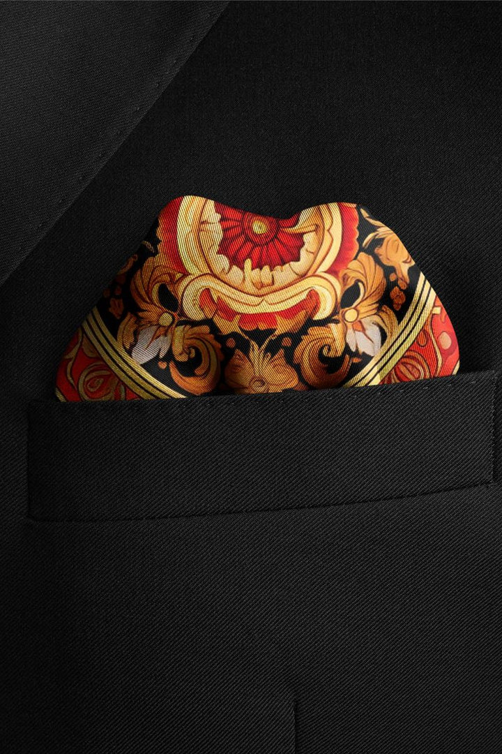 Black Wolf - RED PERSIAN ART SILK POCKET SQUARE - BLACK - SILK - 1 Piece