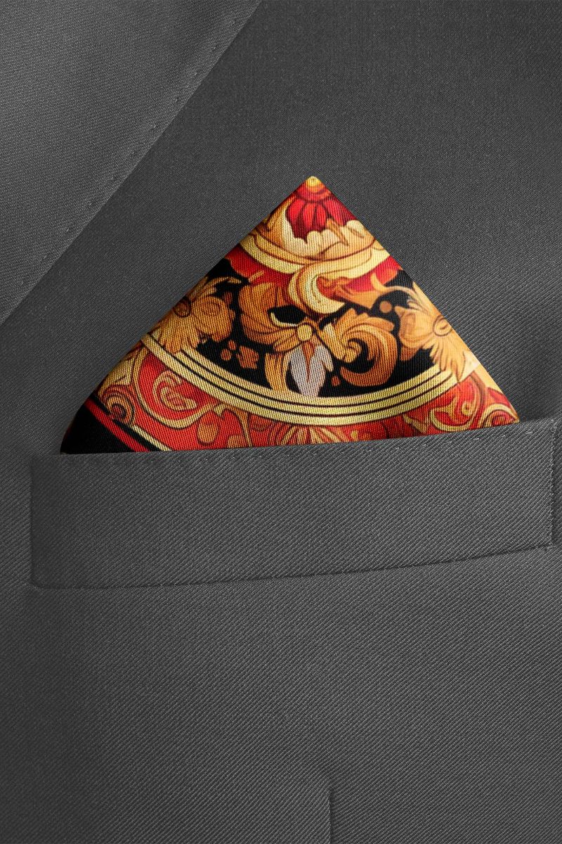 Black Wolf - RED PERSIAN ART SILK POCKET SQUARE - BLACK - SILK - 1 Piece