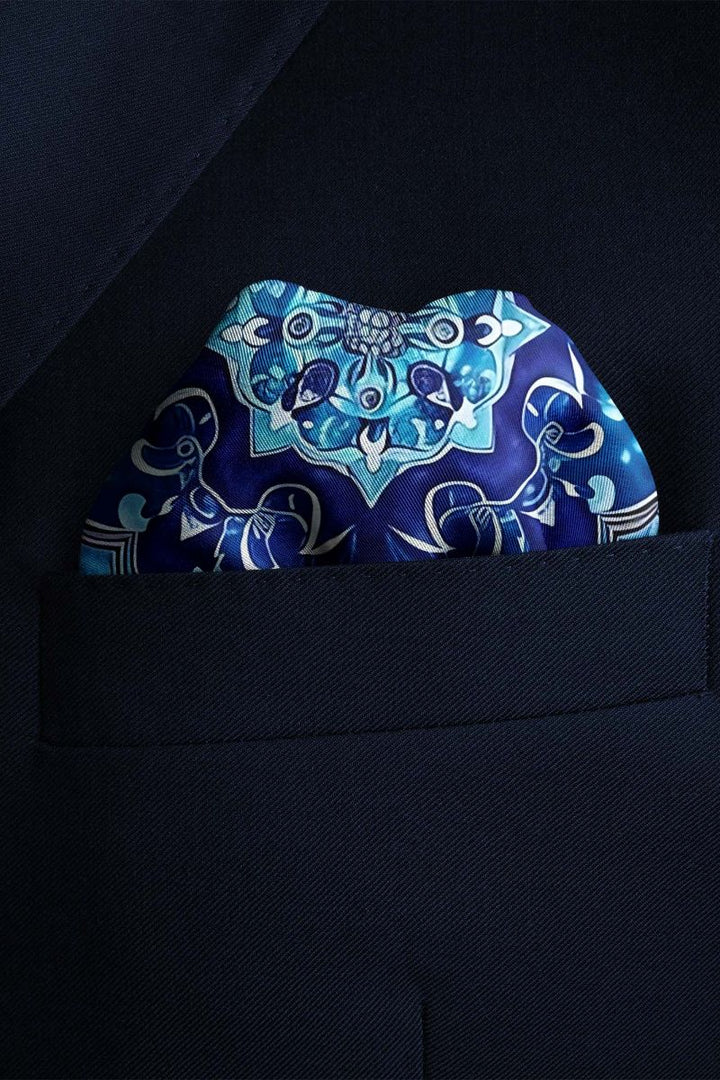 Black Wolf - PERSIAN ART SILK POCKET SQUARE - TRUE BLUE - SILK - 1 Piece