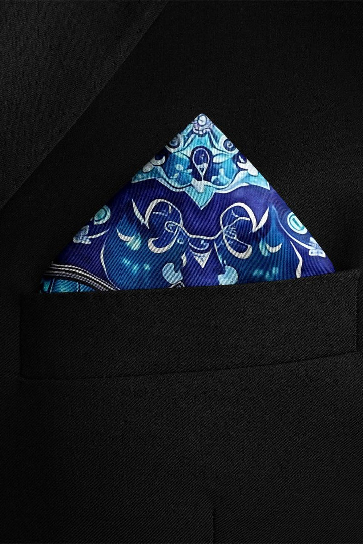 Black Wolf - PERSIAN ART SILK POCKET SQUARE - TRUE BLUE - SILK - 1 Piece