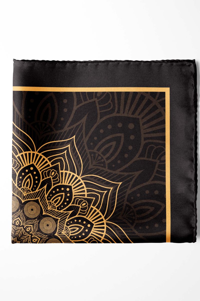 Black Wolf - BLACK AND GOLD ORNAMENT SILK POCKET SQUARE - BLACK - SILK - 1 Piece