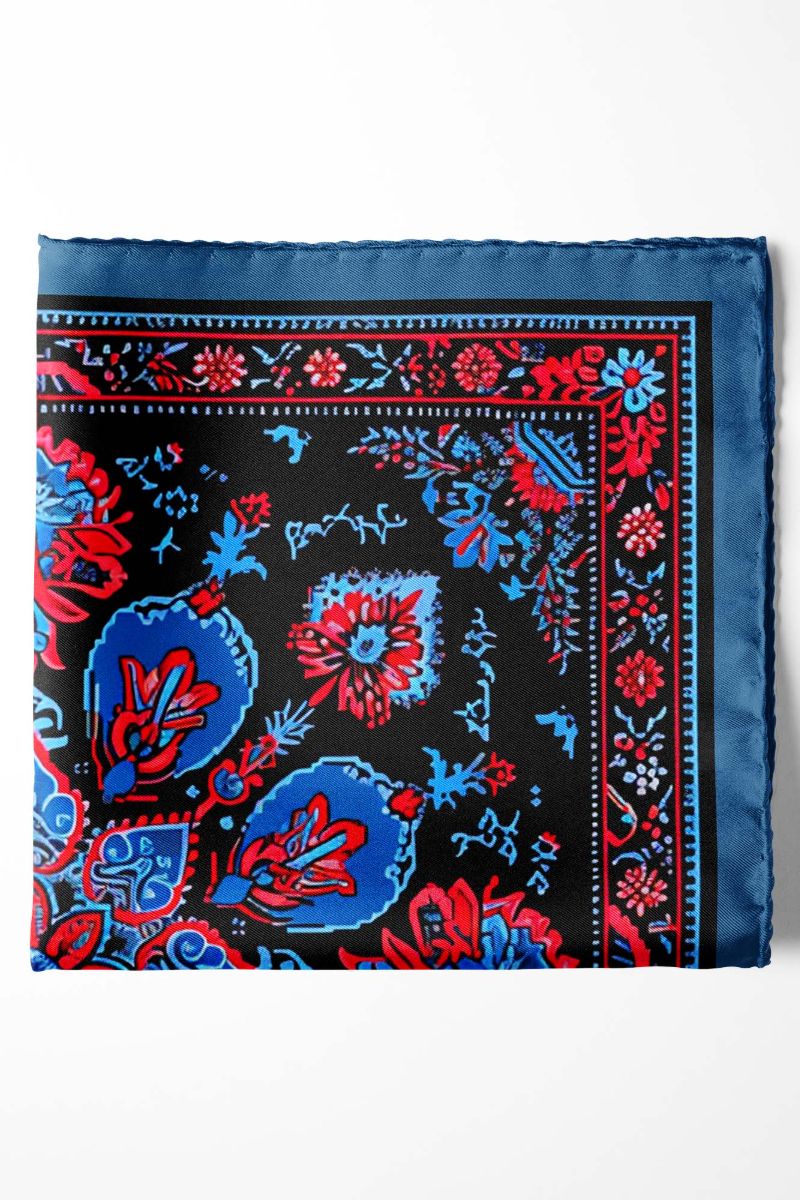 Black Wolf - FOLKART QUILT SILK POCKET SQUARE - BLACK - SILK - 1 Piece