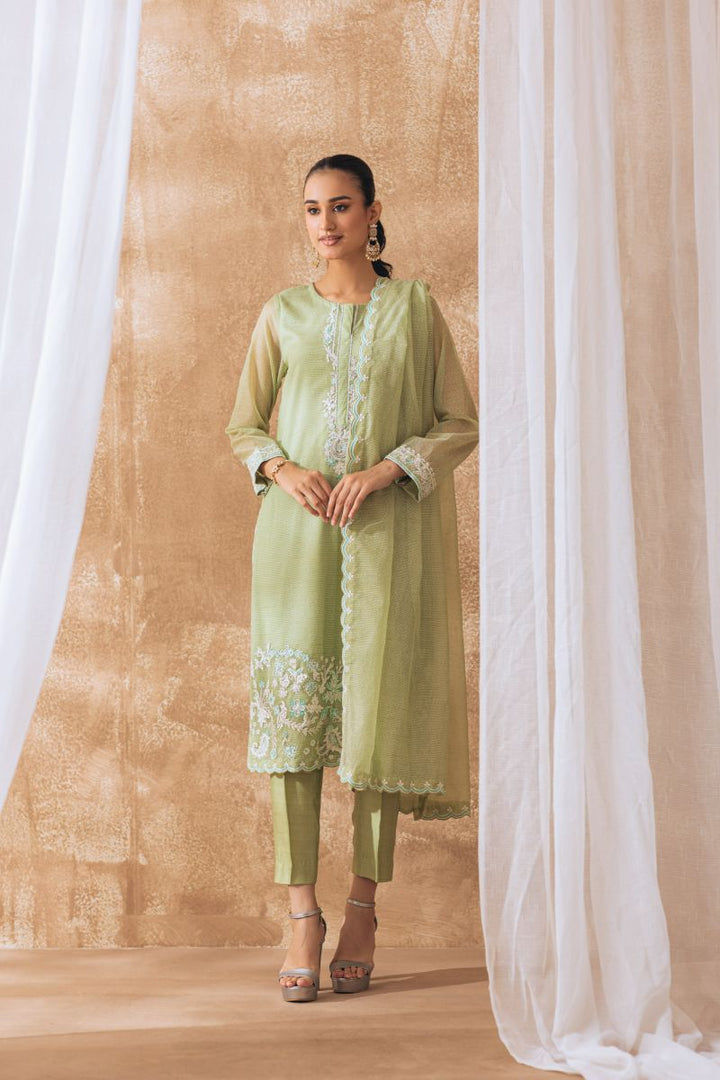 Khayal by Shaista Hasan - Pastel green - Khadi Net - 3 Piece