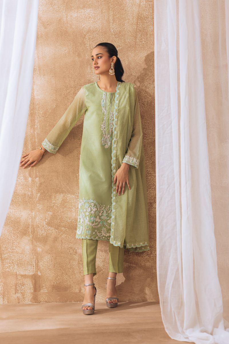 Khayal by Shaista Hasan - Pastel green - Khadi Net - 3 Piece