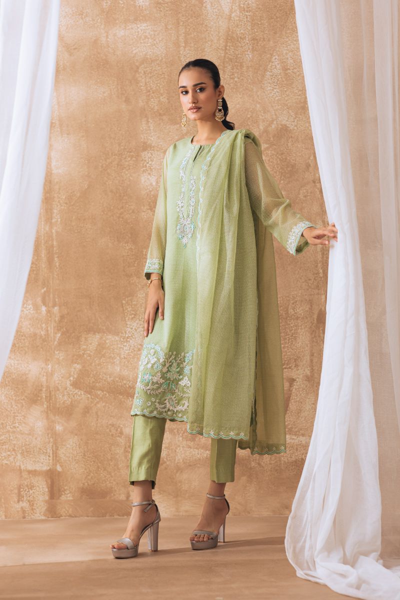 Khayal by Shaista Hasan - Pastel green - Khadi Net - 3 Piece