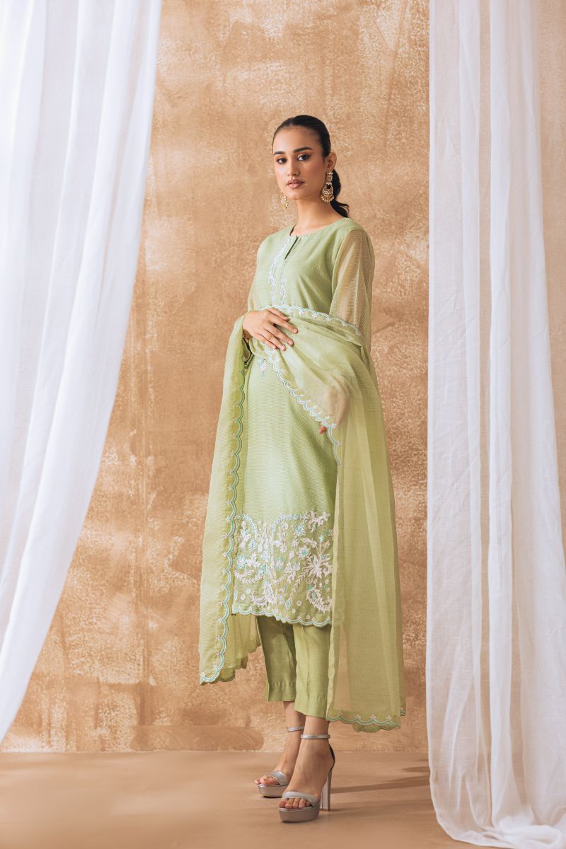 Khayal by Shaista Hasan - Pastel green - Khadi Net - 3 Piece