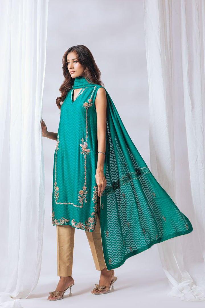 Khayal by Shaista Hasan - Persian Green - Silk Net - 3 Piece