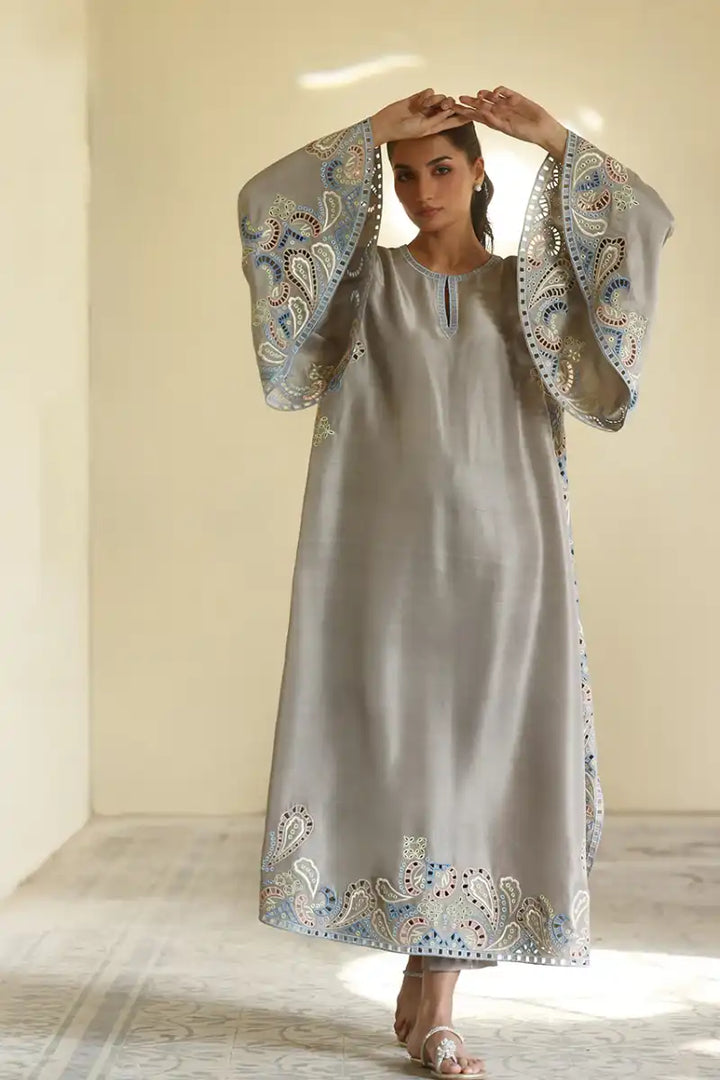 Sania Maskatiya - Qira Kaftan - Grey - Raw Silk - 2 Piece