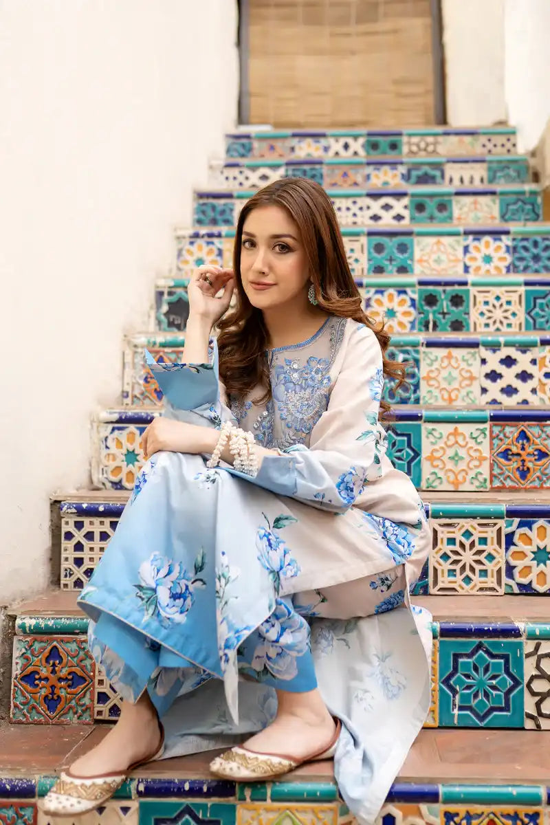 Zahra Ahmed - RC-2540 - White blue - Swiss lawn - 2 Piece