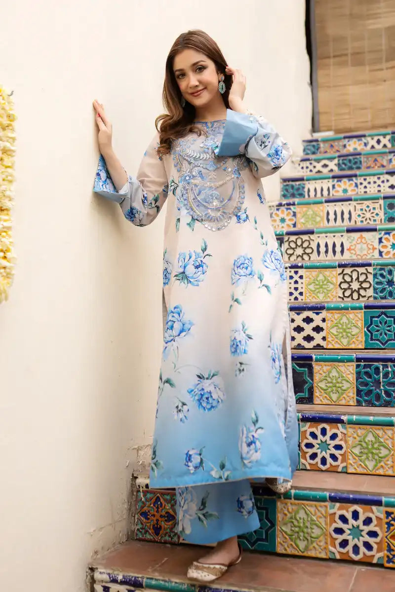 Zahra Ahmed - RC-2540 - White blue - Swiss lawn - 2 Piece