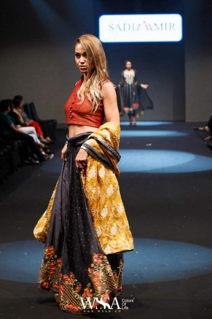 Sadia Aamir - Rainbow - Lehnga - Rust & Charcoal - Jamawar - 3 Piece - Studio by TCS