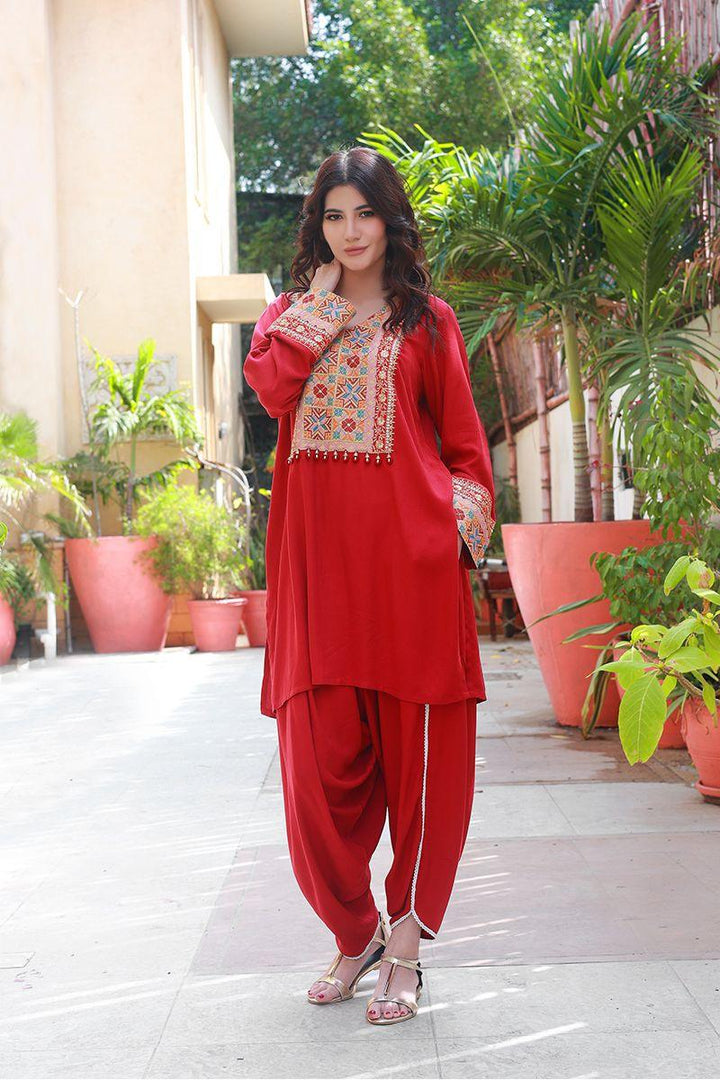 Huma Adnan - Rasberry - Linen - Maroon - 2 Piece - Stitched