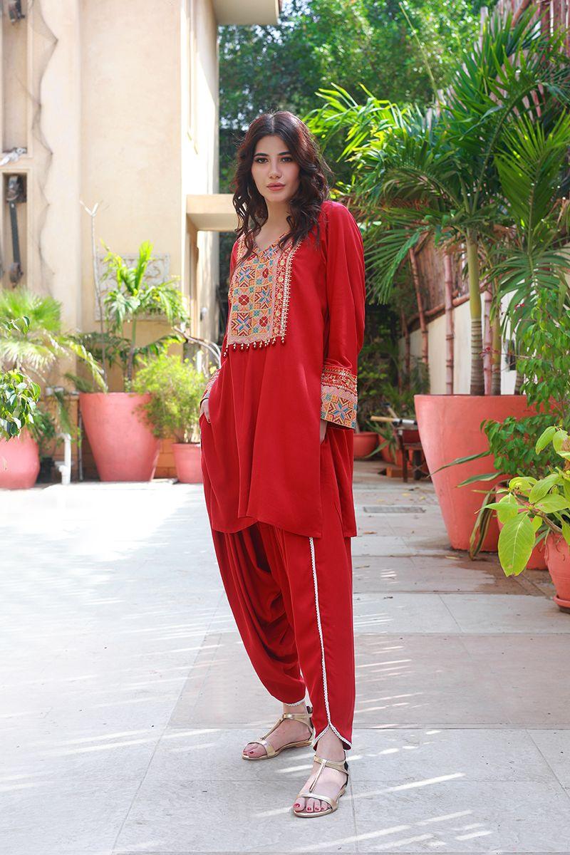 Huma Adnan - Rasberry - Linen - Maroon - 2 Piece - Stitched