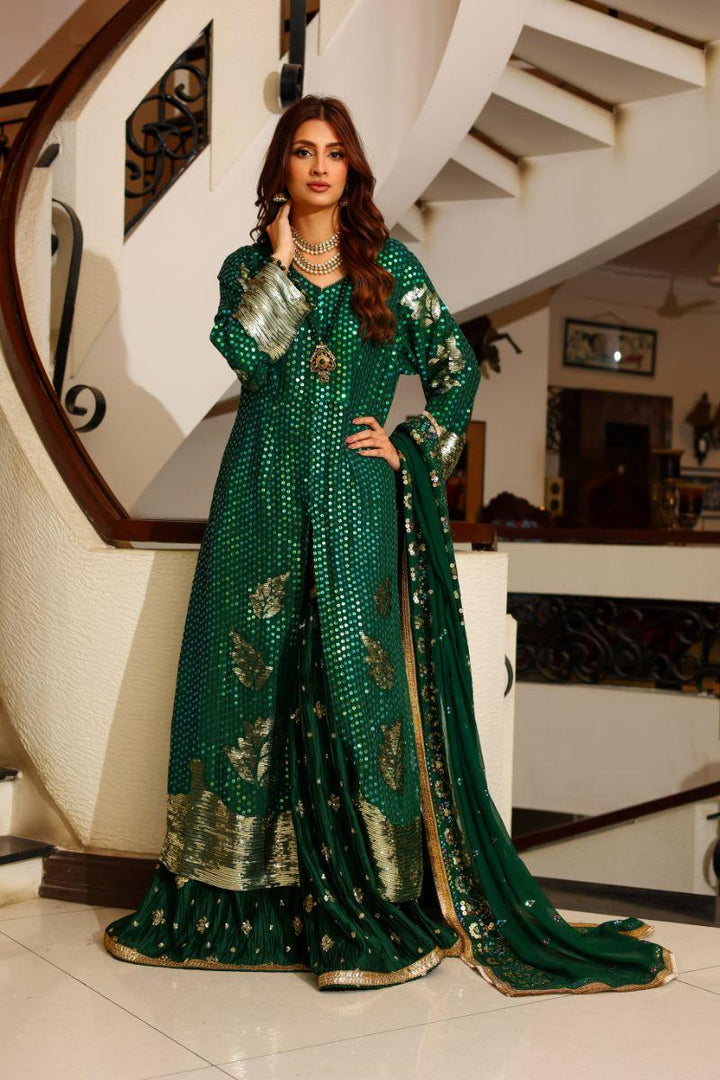 Huma Adnan - Shangrilla - Chiffon - Green - 3 Piece