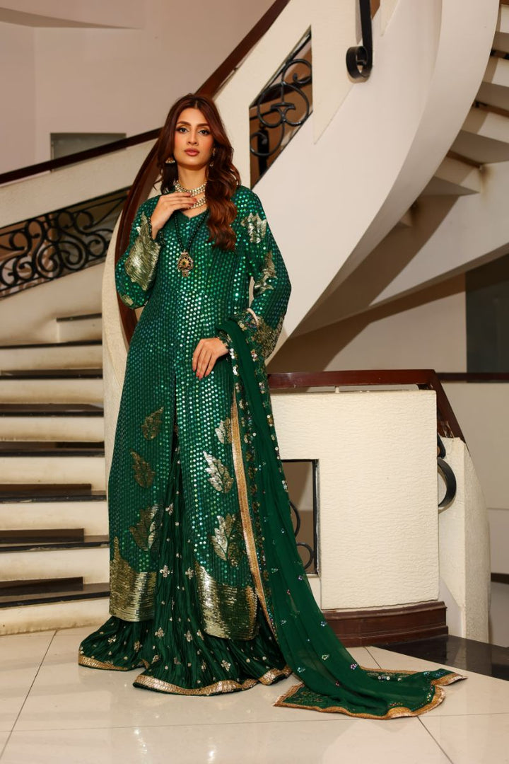 Huma Adnan - Shangrilla - Chiffon - Green - 3 Piece