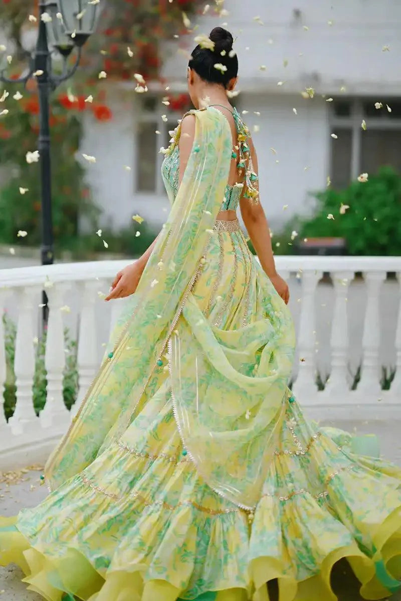 Sania Maskatiya - Neha - Lehnga Choli - Khaadi Silk - Mint Green & Lemon Yellow