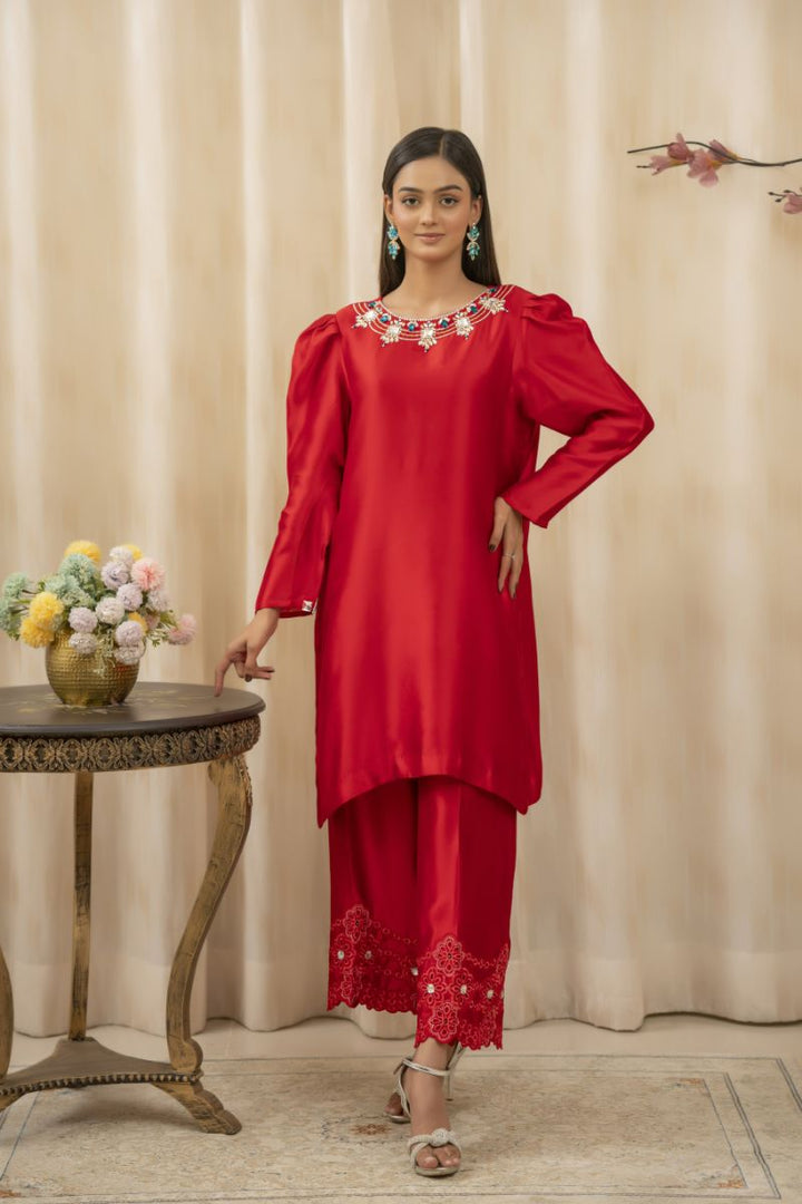 Sadia Aamir - Saanjh - Cherry Red - Sheesha Silk - 3 Piece