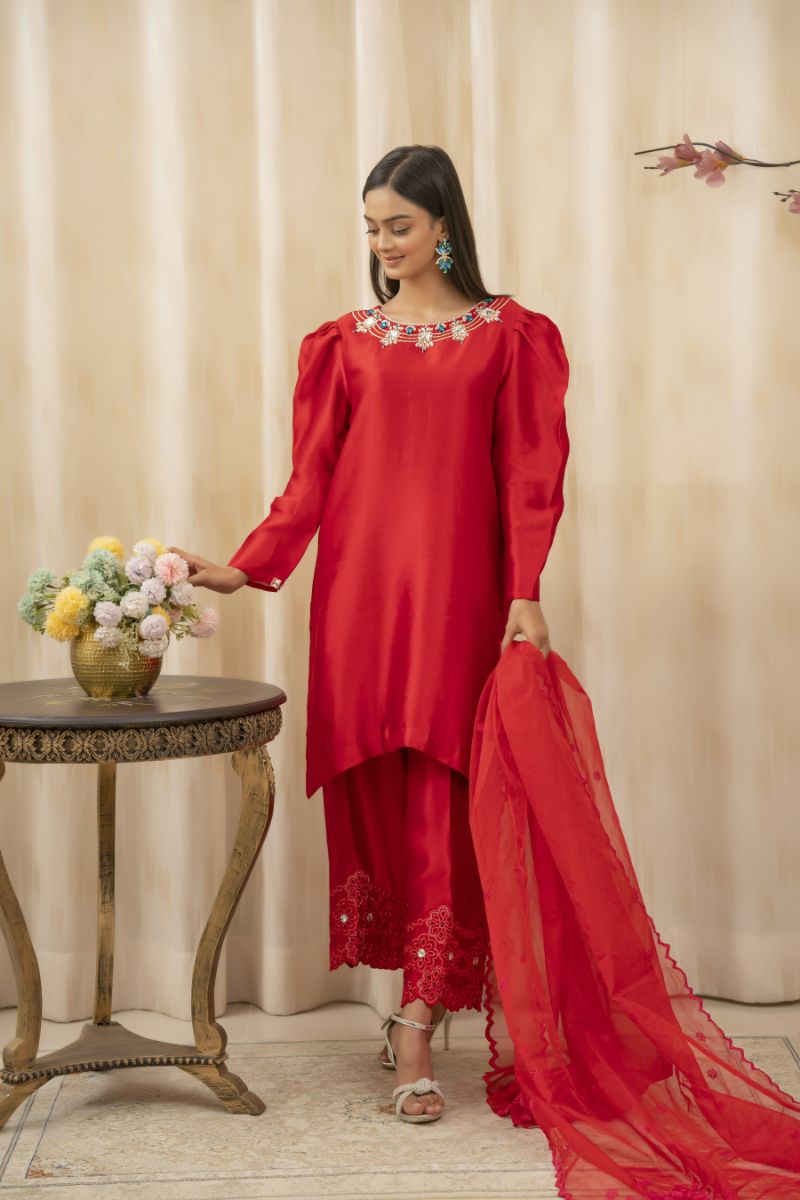 Sadia Aamir - Saanjh - Cherry Red - Sheesha Silk - 3 Piece