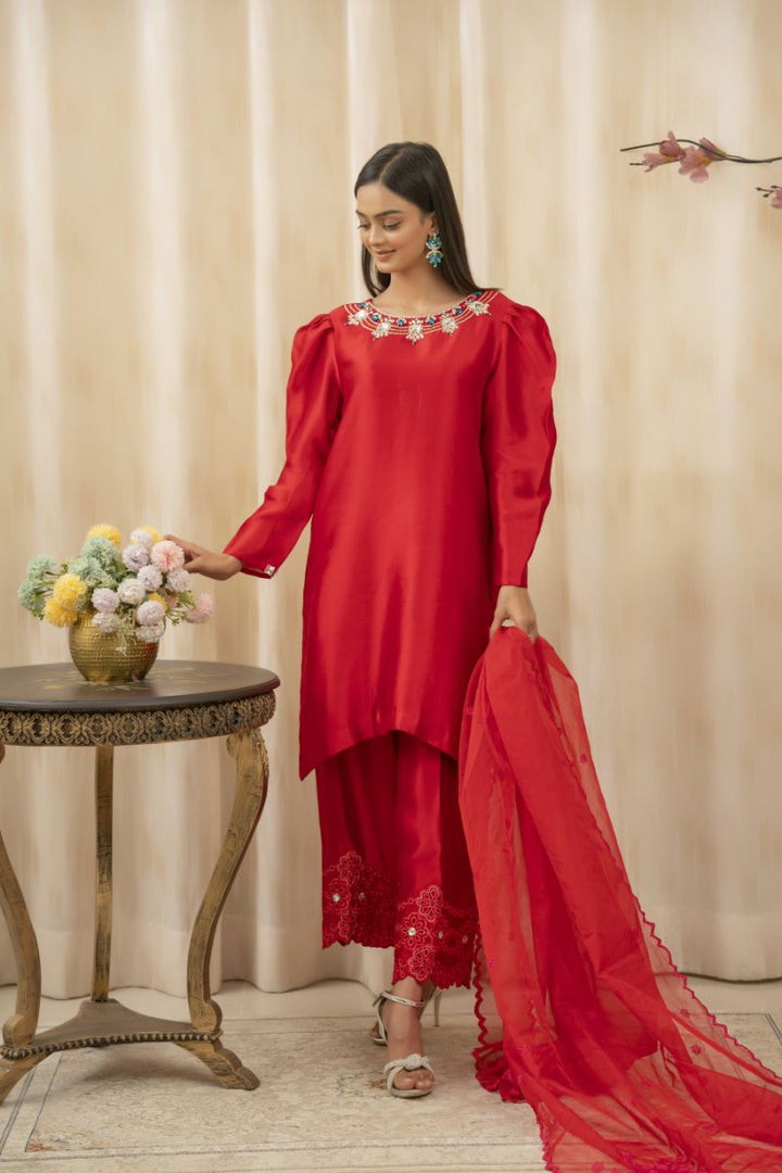 Sadia Aamir - Saanjh - Cherry Red - Sheesha Silk - 3 Piece