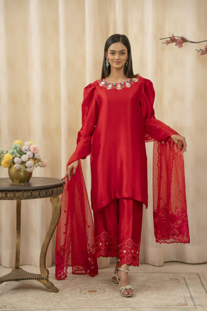 Sadia Aamir - Saanjh - Cherry Red - Sheesha Silk - 3 Piece