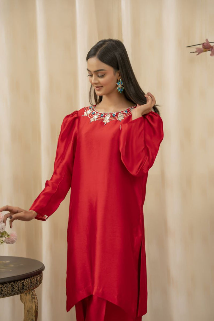 Sadia Aamir - Saanjh - Cherry Red - Sheesha Silk - 3 Piece