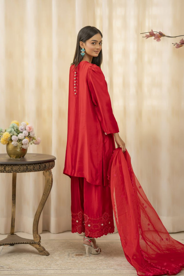 Sadia Aamir - Saanjh - Cherry Red - Sheesha Silk - 3 Piece