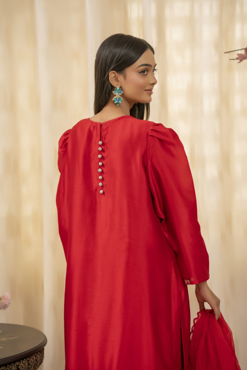 Sadia Aamir - Saanjh - Cherry Red - Sheesha Silk - 3 Piece