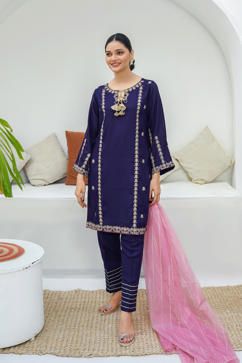 Modest - Gulnoor - Blue - Rawsilk - Womens 3 Piece Suit