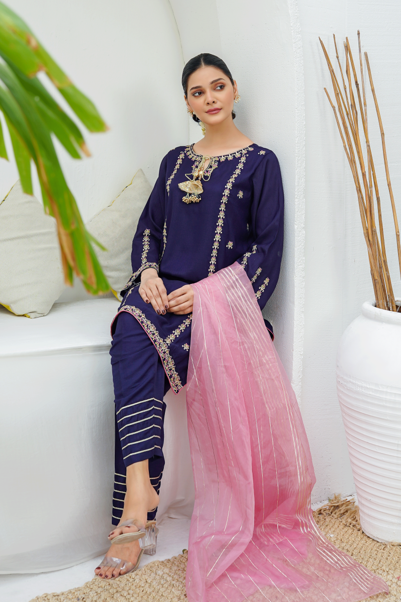 Modest - Gulnoor - Blue - Rawsilk - Womens 3 Piece Suit