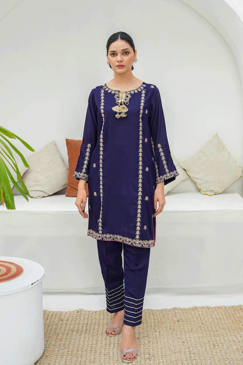 Modest - Gulnoor - Blue - Rawsilk - Womens 3 Piece Suit