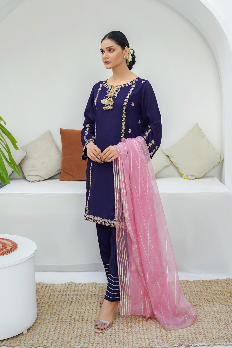 Modest - Gulnoor - Blue - Rawsilk - Womens 3 Piece Suit