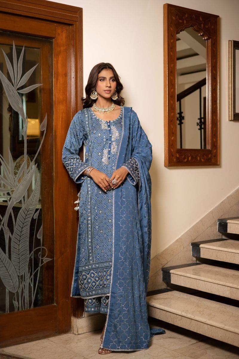 Shehrnaz - SHK-1211 - Shezray - Blue - Satin - 3 Piece - Studio by TCS