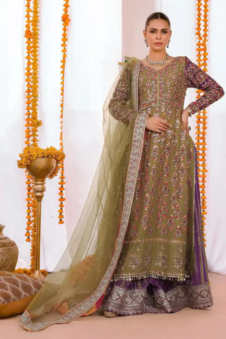 Reema Ahsan - Simran  - Raw silk & Mukesh - Olive green & Purple - 3 Piece