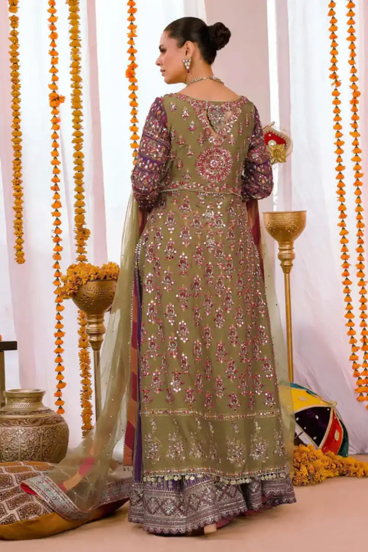 Reema Ahsan - Simran  - Raw silk & Mukesh - Olive green & Purple - 3 Piece